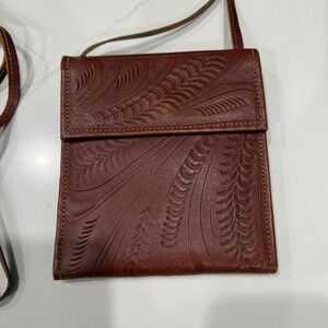 Leaders In Leather Crossbody Wallet Womens Small Brown Tooled Floral Western Bag